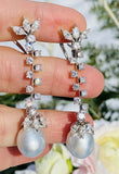 Vintage 1950s 14k Gold South Seas Pearl 3.0ct VS Diamond Dangle Pendant Earrings