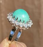 Vintage Estate 14k Gold Turquoise Cabachon 9ct Diamond Halo Ballerina Ring