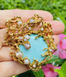 HUGE Vintage 1960s ARTHUR KING 18k Gold Diamond Turquoise Pearl Pendant Brooch