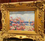 KADLIC Original Oil Painting Abstract Seascape Impasto Gold Gilt 15" Frame Pinks