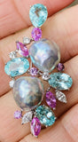 Vintage Estate 18k Gold Diamond Pearl Pink Sapphire Tourmaline Brooch Pendant