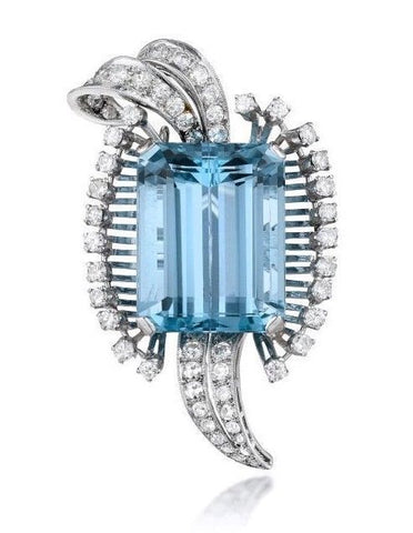 Mid Century Deco Retro 1950s 24+ct Aquamarine G-H/VS Diamond Platinum Brooch