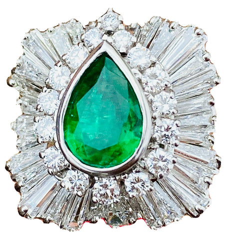 Vintage Ring-dant Platinum 4ct Pear Emerald G VS Diamond Ballerina Ring Pendant