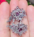 Vintage 1950s  18k Gold Ruby Cabachon VS Diamond Cluster Drop Earrings