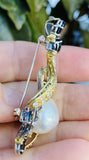 Vintage 1950 14k Gold 5ct VS Diamond Blue Sapphire Baroque Pearl Pendant Brooch