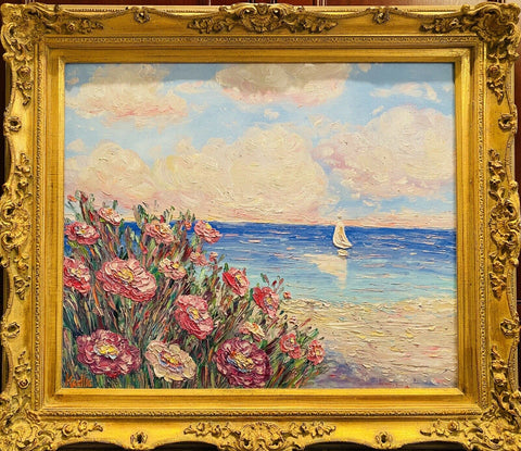 KADLIC Impressionist Wildflowers Floral Original Oil Painting Gold Gilt Frame