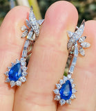 Vintage 18k Gold Royal Blue Sapphire G-H VS Diamond Dangle Drop Pendant Earrings