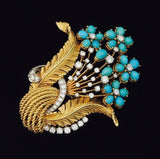 Retro Art Deco 1940s 18k Gold Turquoise G VS Diamond 2.0 ct Brooch Pin Pendant