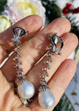Vintage 1950s 14k Gold South Seas Pearl 3.0ct VS Diamond Dangle Pendant Earrings