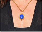 Vintage 1960s-70s Large Retro 18K Gold Lapis Lazuli Diamond Necklace Pendant