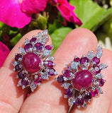 Vintage 1950s  18k Gold Ruby Cabachon VS Diamond Cluster Drop Earrings