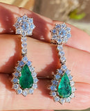 Vintage Estate 18k Gold 8.00ctw Emerald Diamond Halo Pear Dangle Drop Earrings