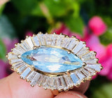 Vintage 18k Gold Aquamarine Ring-Dant Diamond Baguette Halo Ballerina Ring