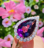 Vintage HUGE Platinum Gold Pear Amethyst Diamond Halo Ring