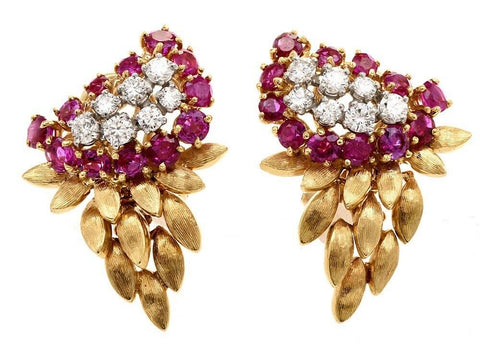 Vintage Estate 1940s Art Deco 3.70ct VS Diamond Ruby 18K Gold Cluster Earrings