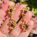 18k Gold ARTHUR KING Red Rubellite Tourmaline VS Diamond Dangle Earrings