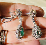 Vintage Estate 18k Gold 8.00ctw Emerald Diamond Halo Pear Dangle Drop Earrings