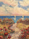 30x30” Pinks Floral Flowers Beach Seascape KADLIC Original Oil Painting Art