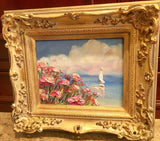 KADLIC French Pink Poppies Seascape Sailboats Gilt Gold Wood Frame 8x10”