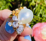 Vintage La Triomphe 18k Gold Baroque Pearl G VS Diamond Citrine Ring