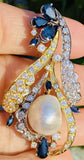 Vintage 1950 14k Gold 5ct VS Diamond Blue Sapphire Baroque Pearl Pendant Brooch