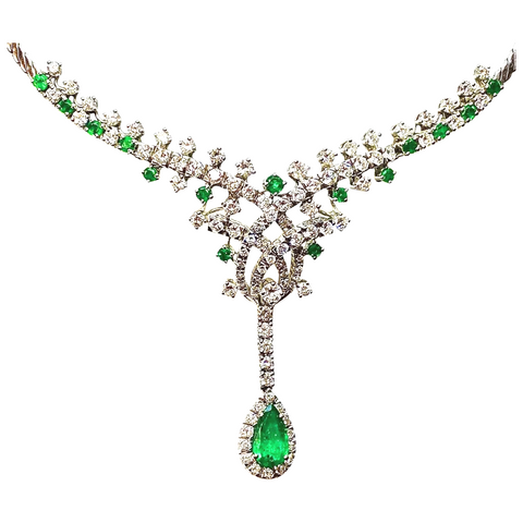 Vintage 1950s Estate 18k Gold 6ct Emerald Diamond Halo Necklace Pendant Retro