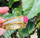 Vintage Estate Italian 18k Gold Pink Tourmaline Moonstone Diamond Cuff Bracelet