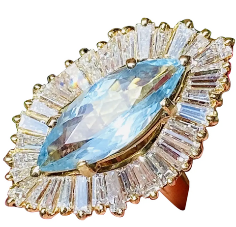Vintage 18k Gold Aquamarine Ring-Dant Diamond Baguette Halo Ballerina Ring
