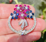 Vintage Art Deco 1940s 14k Gold Ruby Sapphire Diamond Brooch Pin Pendant