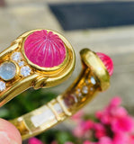 Vintage Estate Italian 18k Gold Pink Tourmaline Moonstone Diamond Cuff Bracelet