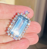 Vintage Large 14k Gold Blue Topaz 2.5ct Diamond Necklace Pendant