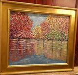 KADLIC Abstract Autumn Trees  Landscape Art Original Oil Painting Gold Frame 24”