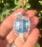 Mid Century Deco Retro 1950s 24+ct Aquamarine G-H/VS Diamond Platinum Brooch
