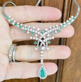 Vintage 1950s Estate 18k Gold 6ct Emerald Diamond Halo Necklace Pendant Retro