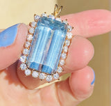 Vintage Large 14k Gold Blue Topaz 2.5ct Diamond Necklace Pendant