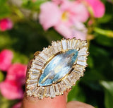 Vintage 18k Gold Aquamarine Ring-Dant Diamond Baguette Halo Ballerina Ring