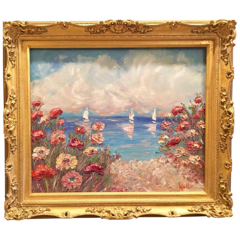 24x20" Mediterranean Seascape KADLIC Original Oil Painting Art Gold Frame
