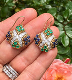 Vintage Estate 18k Gold 3.80ct Emerald Sapphire VS Diamond Dangle Drop Earrings