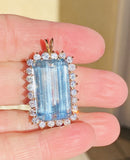 Vintage Large 14k Gold Blue Topaz 2.5ct Diamond Necklace Pendant