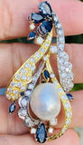 Vintage 1950 14k Gold 5ct VS Diamond Blue Sapphire Baroque Pearl Pendant Brooch