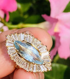 Vintage 18k Gold Aquamarine Ring-Dant Diamond Baguette Halo Ballerina Ring