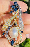 Vintage 1950 14k Gold 5ct VS Diamond Blue Sapphire Baroque Pearl Pendant Brooch