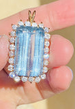 Vintage Large 14k Gold Blue Topaz 2.5ct Diamond Necklace Pendant