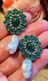 Impressive Vintage Estate 14k Gold 17ct Emerald Diamond Halo Drop Clip Earrings