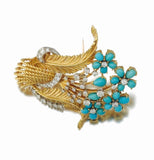 Retro Art Deco 1940s 18k Gold Turquoise G VS Diamond 2.0 ct Brooch Pin Pendant