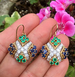 Vintage Estate 18k Gold 3.80ct Emerald Sapphire VS Diamond Dangle Drop Earrings
