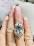 Vintage 18k Gold Aquamarine Ring-Dant Diamond Baguette Halo Ballerina Ring