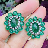 Impressive Vintage Estate 14k Gold 17ct Emerald Diamond Halo Drop Clip Earrings