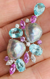 Vintage Estate 18k Gold Diamond Pearl Pink Sapphire Tourmaline Brooch Pendant