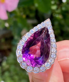 Vintage HUGE Platinum Gold Pear Amethyst Diamond Halo Ring